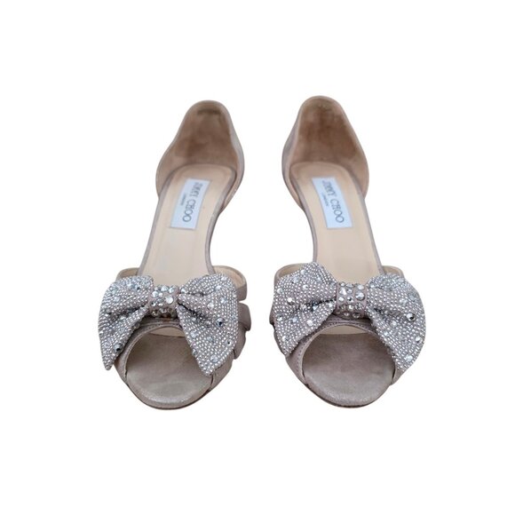 Jimmy Choo Crystal Bow Shimmer Suede Open Toe D'Orsay Taupe Heels 36.5 6.5 - Picture 4 of 6